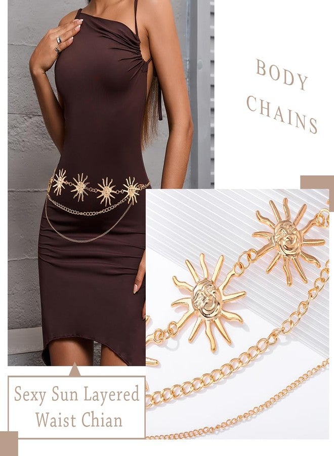 Aiosy Boho Sun Flower Body Chains Gold Layered Waist Chains Vintage Belly Chain Beach Bikini Body Jewelry Rave Nightclub Party Body Accessories for Women - Image 4
