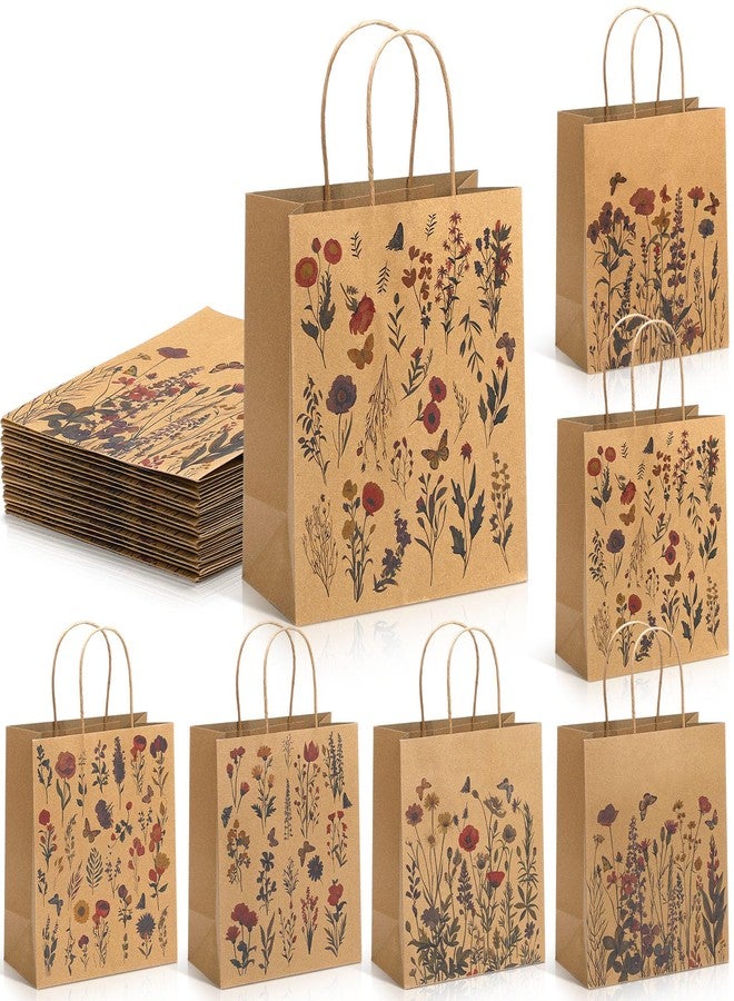Kolldenn 24 Pcs Vintage Floral Wildflower Gift Bags Flower Kraft Paper Printed Candy Goodie Bags with Handles for Spring Party Supplies Wedding Baby Shower Birthday 8 x 3.9 x 9 in, 6 Styles - Image 1
