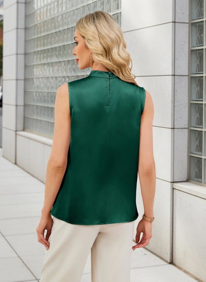 Funlingo Womens Satin Tank Tops Summer Sleeveless Mock Neck Dressy Blouses Pleated Work Shirts Business Casual Outfit, Dark Green, L - Image 4