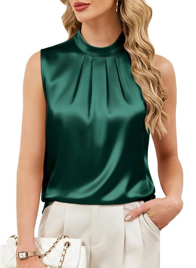 Funlingo Womens Satin Tank Tops Summer Sleeveless Mock Neck Dressy Blouses Pleated Work Shirts Business Casual Outfit, Dark Green, L - Image 1