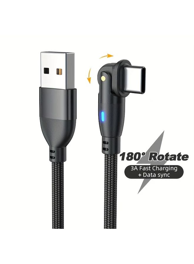 كابل USB-C إلى USB-A سريع الشحن قابل للدوران 180 درجة، بطول 2 متر (6.6 قدم)، مضفر، لمزامنة البيانات، للهواتف الذكية، باللون الأسود - Image 3