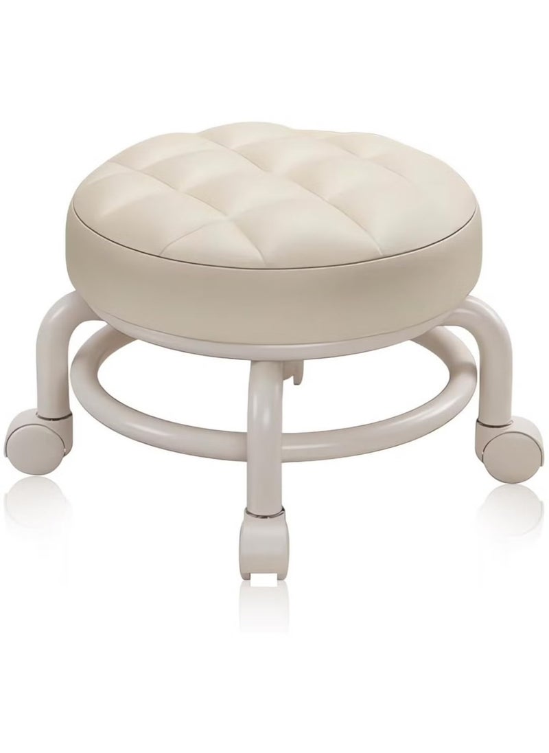 Generic Round Rolling Low Stool- PU Leather Low Stool 360° More Comfortable Swivel with Thickened Sponge Cushion for Nail Salon, Pedicure, SPA and Home (Beige)  - Image 1