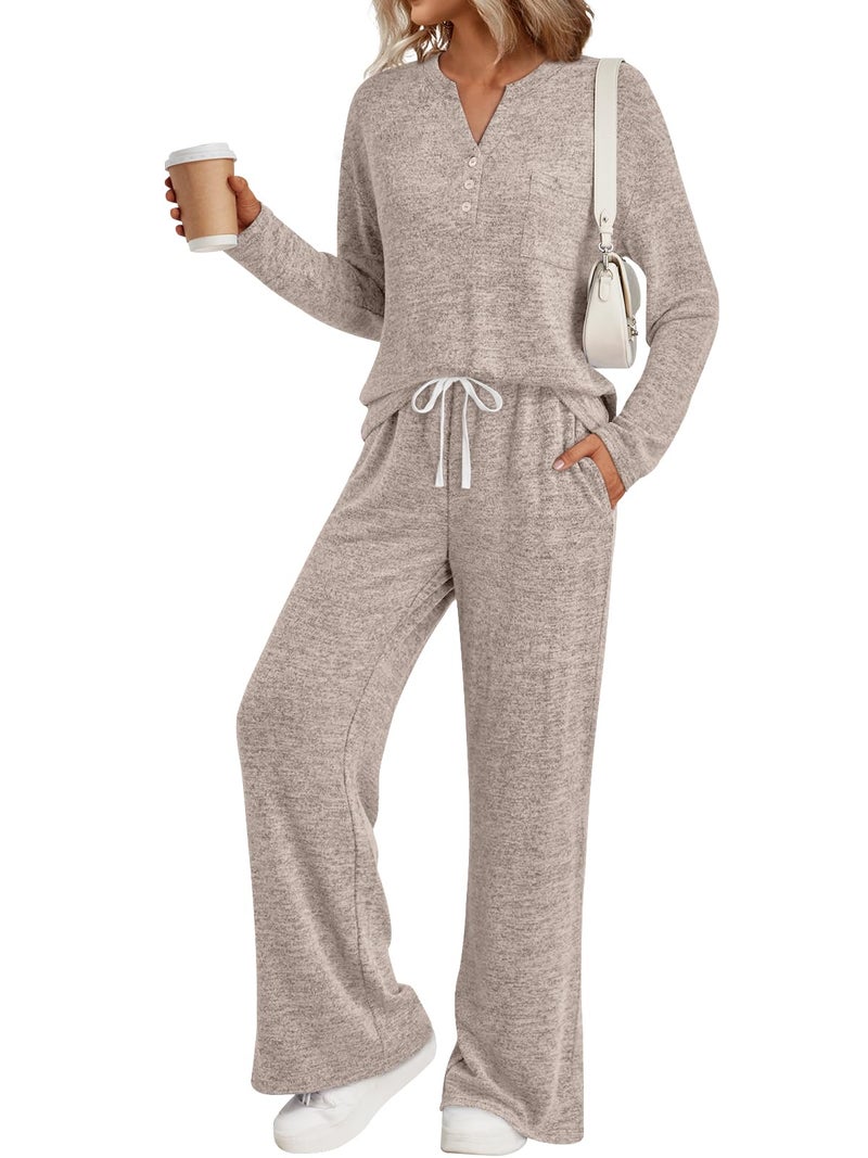 LILLUSORY Womens 2 Piece Lounge Sets Winter Outfits 2026 Sweatsuit Matching Pjs Airport Vacation Travel Fall Pajamas Fashion Khaki XL - Image 1