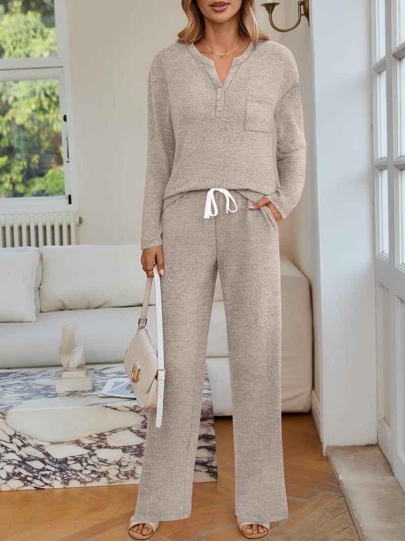 LILLUSORY Womens 2 Piece Lounge Sets Winter Outfits 2026 Sweatsuit Matching Pjs Airport Vacation Travel Fall Pajamas Fashion Khaki XL - Image 5