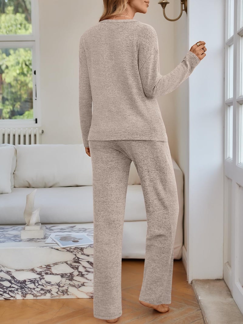 LILLUSORY Womens 2 Piece Lounge Sets Winter Outfits 2026 Sweatsuit Matching Pjs Airport Vacation Travel Fall Pajamas Fashion Khaki XL - Image 4