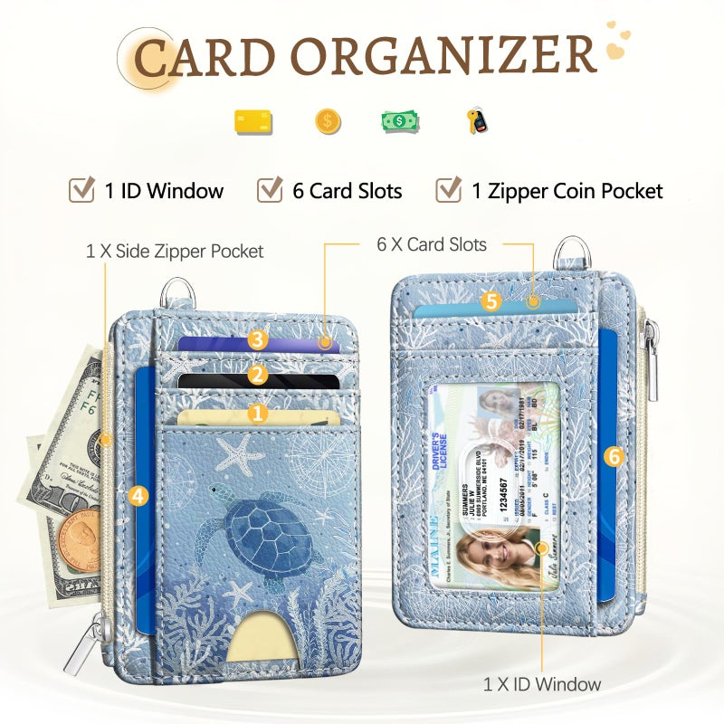 Kelvoris Sea Turtle Credit Card Holder Small Wallet Women, Blue Ocean Slim RFID Wallet Woman Keychain with Zipper Coin Pocket, Front Pocket Thin Travel Card Case Organizer with ID Window Ladies Gifts - Image 3