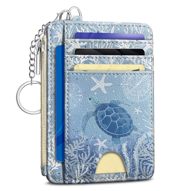 Kelvoris Sea Turtle Credit Card Holder Small Wallet Women, Blue Ocean Slim RFID Wallet Woman Keychain with Zipper Coin Pocket, Front Pocket Thin Travel Card Case Organizer with ID Window Ladies Gifts - Image 1