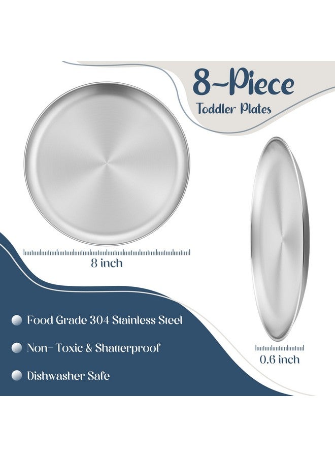 HaWare 8-Piece 18/8 Stainless Steel Kids Plates, 8 Inches Metal Dinner Plates for Toddler Children, Round Serving Plates for Feeding Camping, Non-Toxic Dishes, Shatterproof & Reusable, Dishwasher Safe - Image 2