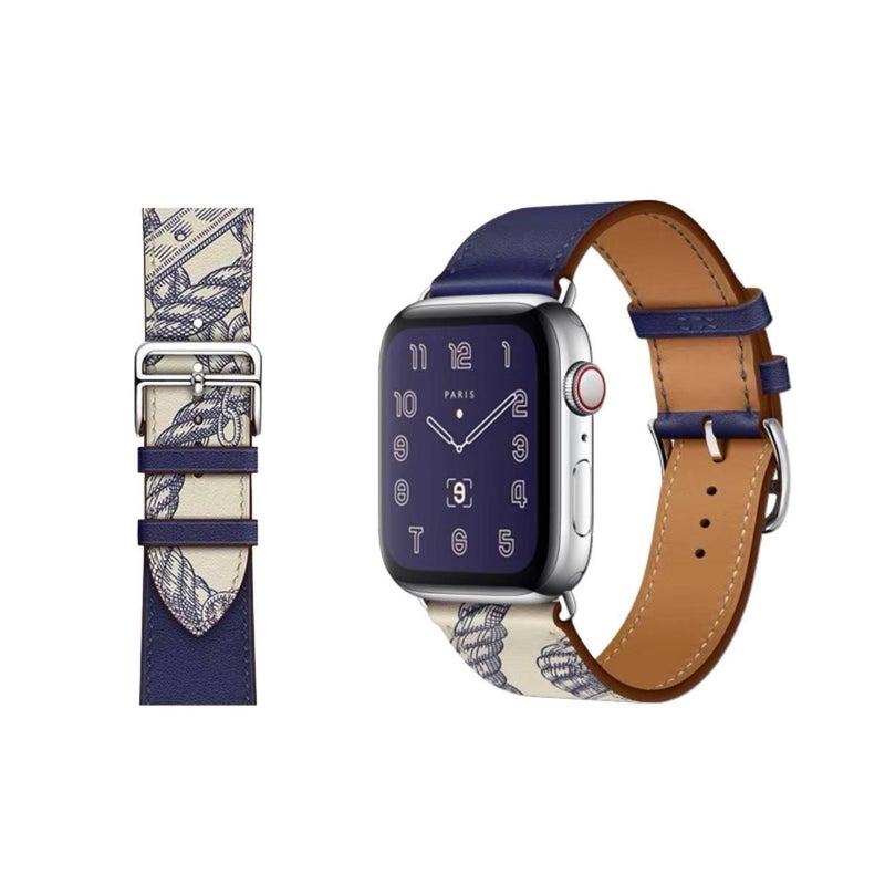 AD Blue Classic Leather Strap Smartwatch Band Compatible with Apple Watch with Adjustable Fit Replacement Strap for Daily Wear - Image 1