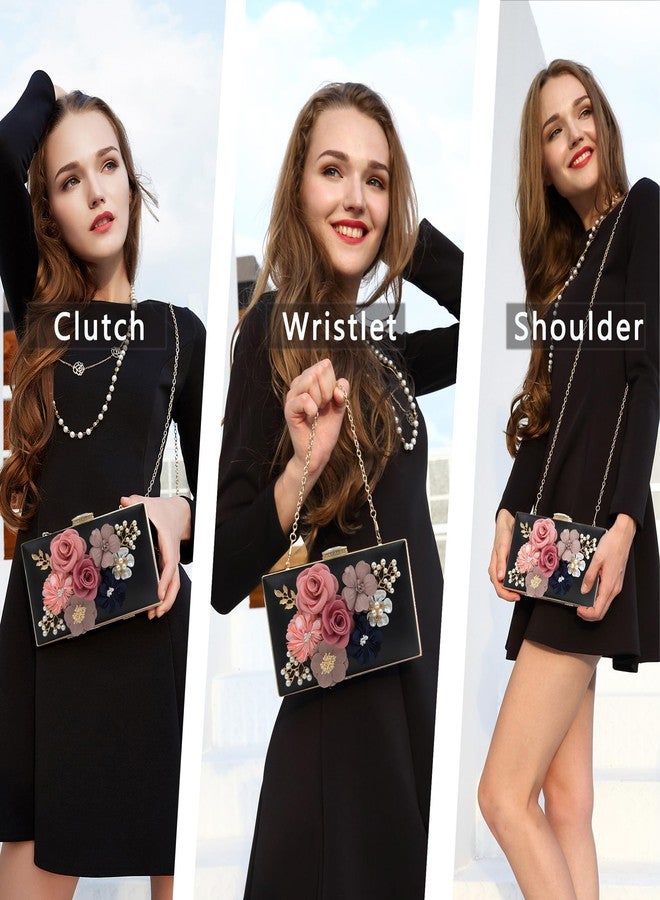 Milisente Evening Bag for Women, Flower Wedding Evening Clutch Purse Bride Floral Clutch Bag（Black - Image 2