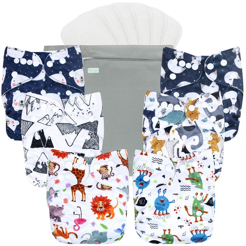 wegreeco Cloth Diapers 6 Pack with 6 Inserts & 1 Wet Bag, Washable Cloth Diapers for Babies, One Size Adjustable Reusable (Cool Animals) - Image 1
