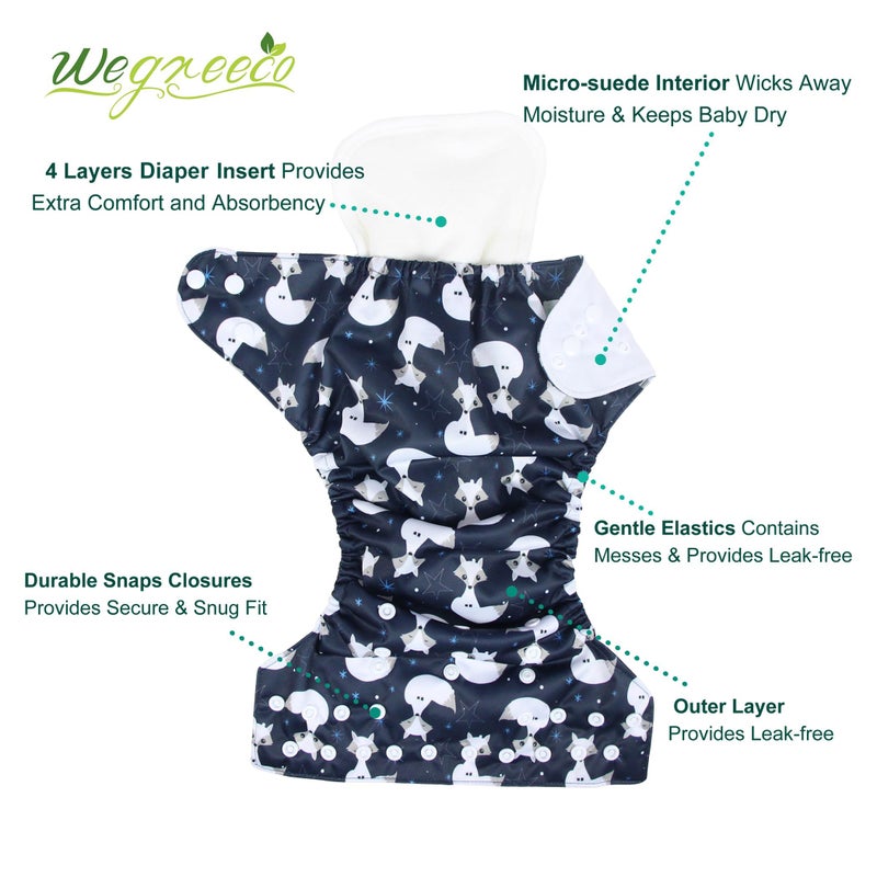 wegreeco Cloth Diapers 6 Pack with 6 Inserts & 1 Wet Bag, Washable Cloth Diapers for Babies, One Size Adjustable Reusable (Cool Animals) - Image 2
