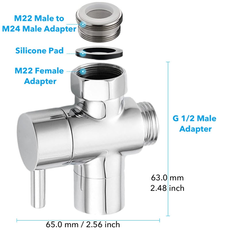 Roscid 3 Way Shower Diverter Valve  Solid Brass Shower Diverter Valve  Sink Valve Diverter Faucet Splitter For Kitchen Or Bathroom  Faucet Diverter Valve Adapter With M22-M24  M22-G1/2 Adaptor  Sliver - Image 2
