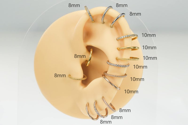 HQLA 16G 18G 6mm 8mm 10mm Hinged Clicker Segment CZ Twisted Clicker Nose Rings Hoop Helix Cartilage Daith Tragus Sleeper Earrings Body Piercing for Women Men (16G - 10mm - 3Pcs Gold) - Image 4