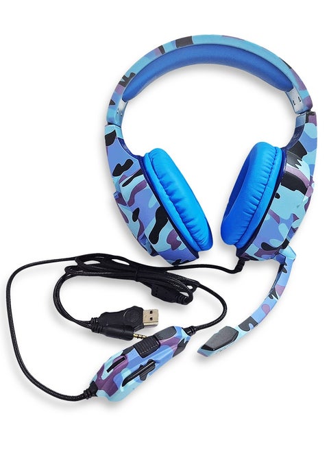 Multi-Platform Gaming Headset, LED with microphone and Volume controller , USB and 3.5 Input Cable , leather earmuffe compatible with all devices, comfortable fit, stereo sound, Excellent audio quality - for pc, lap top, play station , (T-176/Camouflage Blue)