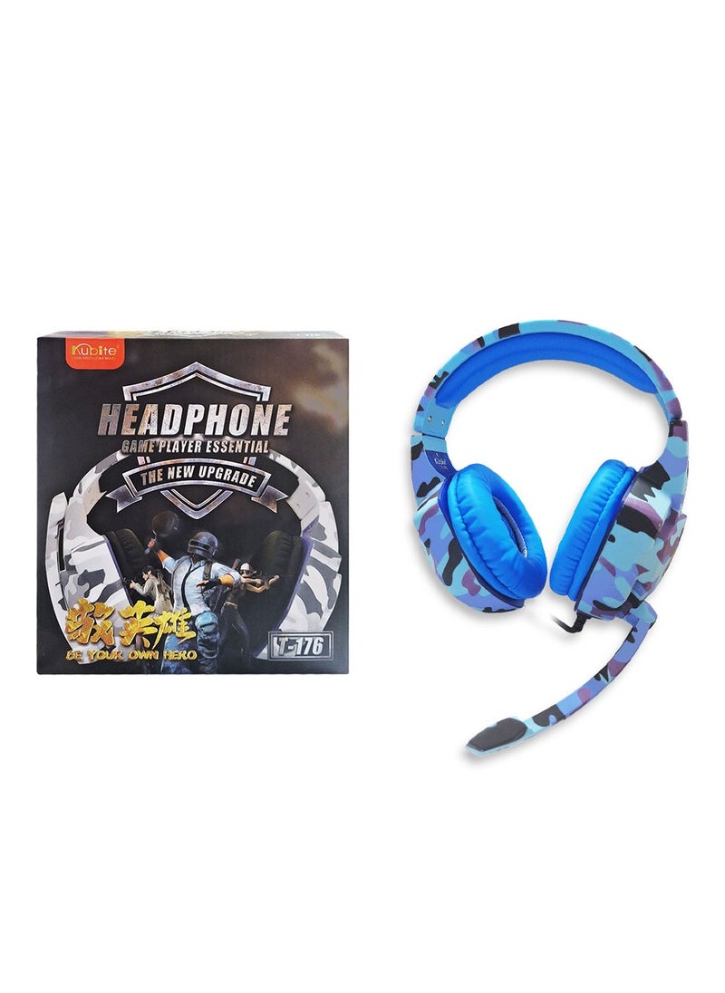 Multi-Platform Gaming Headset, LED with microphone and Volume controller , USB and 3.5 Input Cable , leather earmuffe compatible with all devices, comfortable fit, stereo sound, Excellent audio quality - for pc, lap top, play station , (T-176/Camouflage Blue)