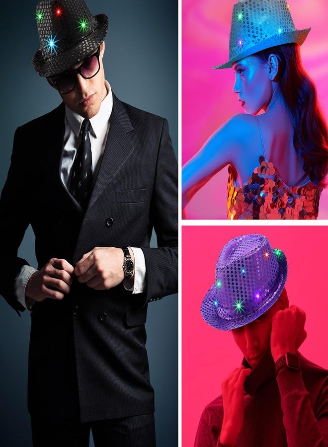 Coume 8 Pcs Light up Hats Bulk LED Cowboy Cowgirl Sequin Hats Rave Costume for Wedding Disco Glow in The Dark Party(Sliver) - Image 4
