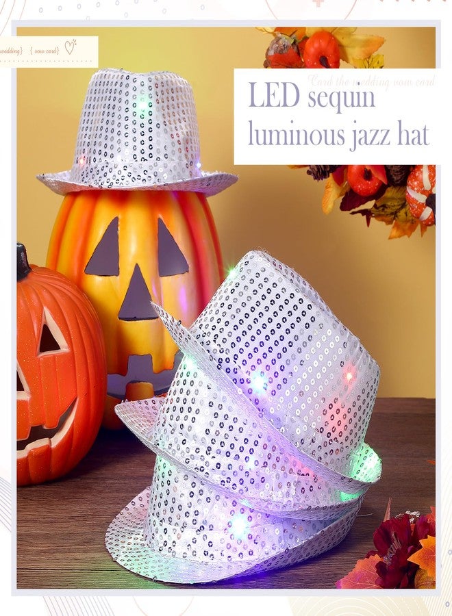 Coume 8 Pcs Light up Hats Bulk LED Cowboy Cowgirl Sequin Hats Rave Costume for Wedding Disco Glow in The Dark Party(Sliver) - Image 3