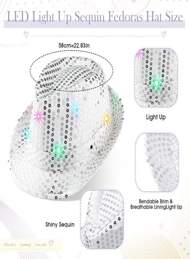 Coume 8 Pcs Light up Hats Bulk LED Cowboy Cowgirl Sequin Hats Rave Costume for Wedding Disco Glow in The Dark Party(Sliver) - Image 2
