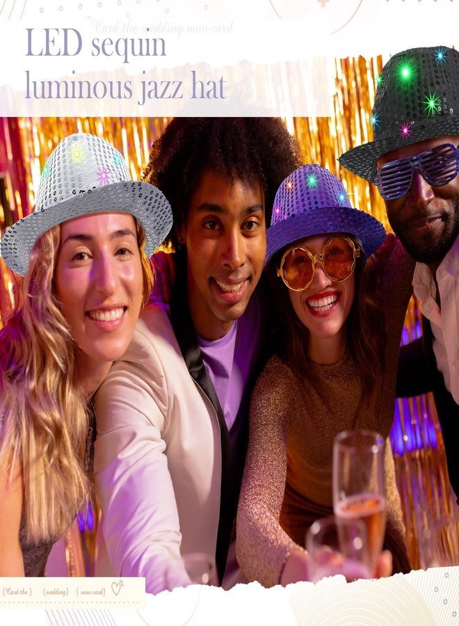 Coume 8 Pcs Light up Hats Bulk LED Cowboy Cowgirl Sequin Hats Rave Costume for Wedding Disco Glow in The Dark Party(Sliver) - Image 5