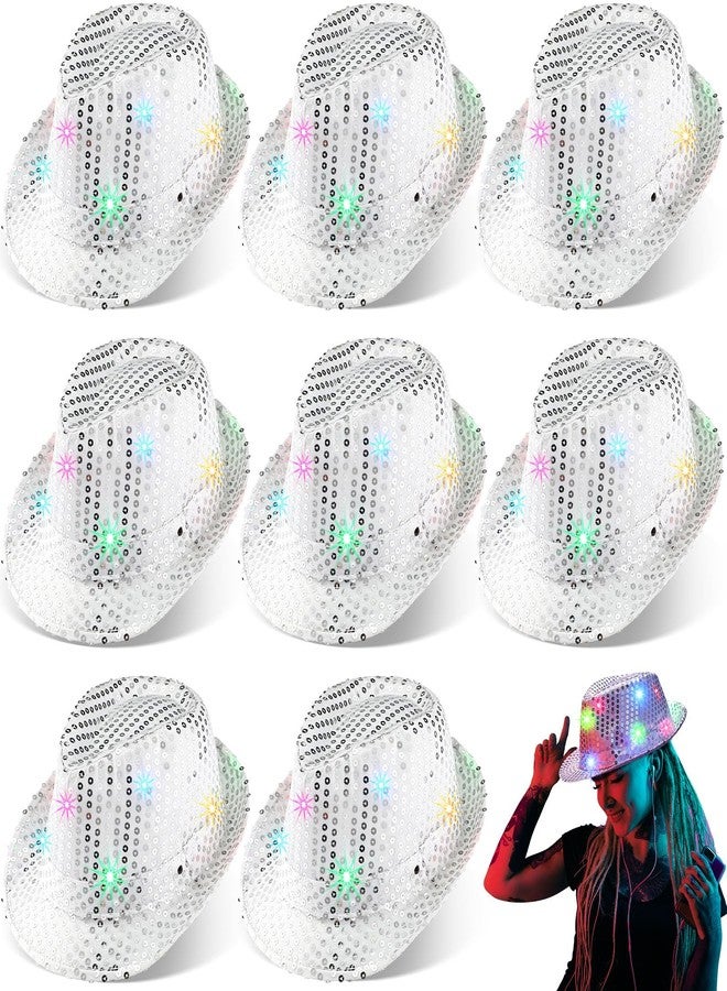 Coume 8 Pcs Light up Hats Bulk LED Cowboy Cowgirl Sequin Hats Rave Costume for Wedding Disco Glow in The Dark Party(Sliver) - Image 1