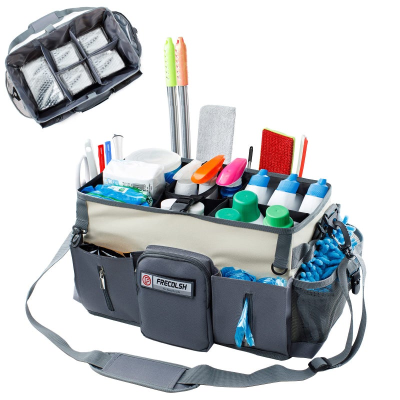 FRECOLSH Large Cleaning Supplies OrganizerCleaning Caddy Organizer With Handles Shoulder StrapCleaning Bags for Cleaning SuppliersHousekeepers Wearable Cleaning Tote Upgraded