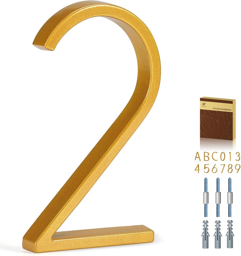 YIPLED 5 Inch House Numbers for Outside, Metal Address Number 2 - Modern Design, Weather-Resistant Gold Powder Coated Finish, No Fading (Gold) - Image 1