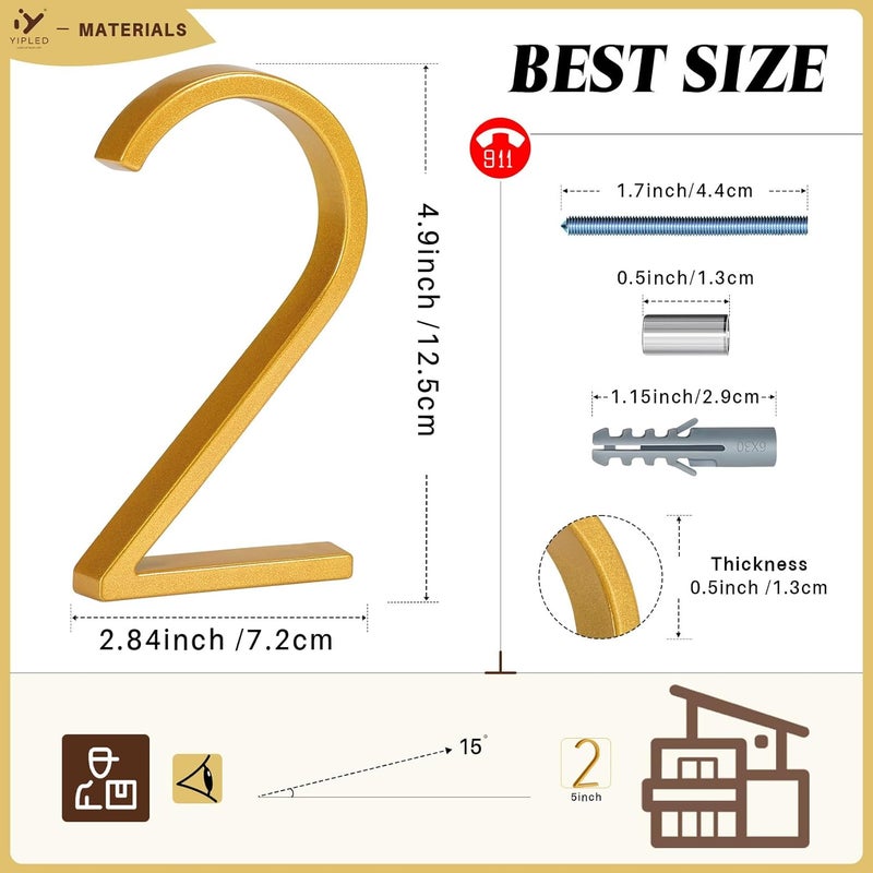 YIPLED 5 Inch House Numbers for Outside, Metal Address Number 2 - Modern Design, Weather-Resistant Gold Powder Coated Finish, No Fading (Gold) - Image 3