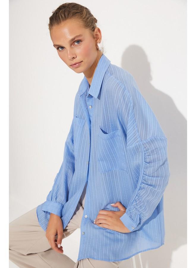 جون قميص نسائي أزرق بأكمام مفصلة بنقش ذاتي - Image 5