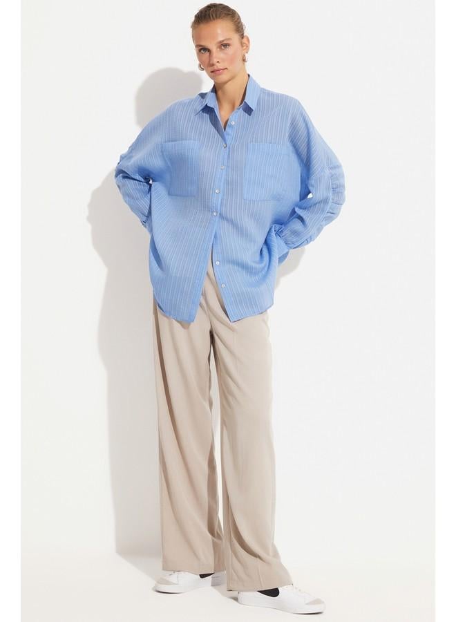 جون قميص نسائي أزرق بأكمام مفصلة بنقش ذاتي - Image 2