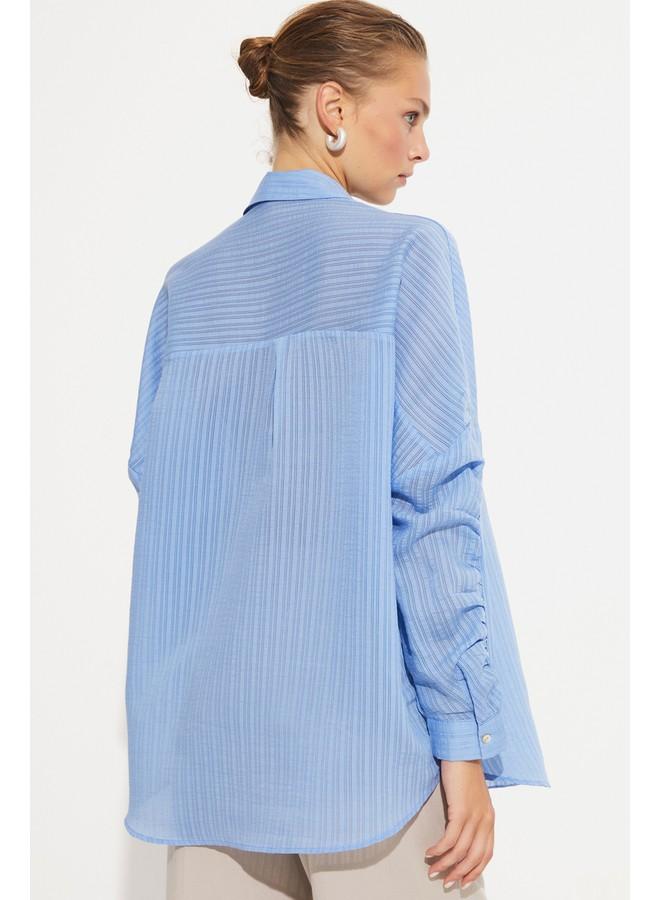 جون قميص نسائي أزرق بأكمام مفصلة بنقش ذاتي - Image 4