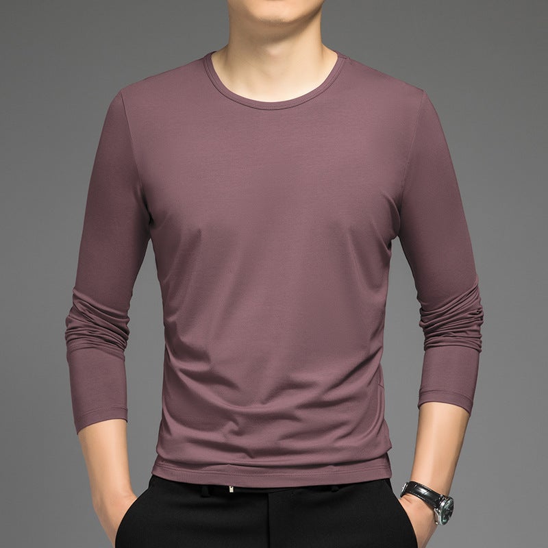 Basic Solid Color Long-Sleeve T-Shirt For Men, Crew Neck, Suitable For , Thermal Underwear, Stretchy, Plus Size Base Layer Shirt, Autumn Top - Image 1