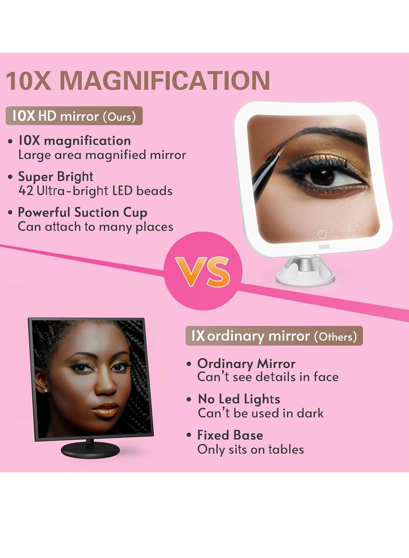 MT Upgraded 10x Magnifying Lighted Makeup Mirror with Natural White LED Lights, 360°Swivel Portable Cordless Makeup Mirrors with Locking Suction Base for Home Bathroom Shower and Travel (Large) - Image 2