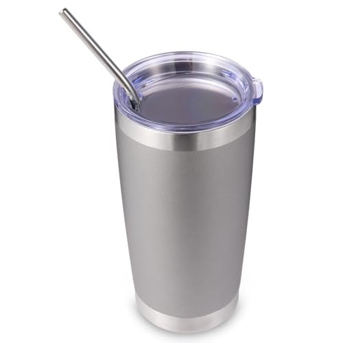 Volhoply 20oz Stainless Steel Tumbler with Lid and Straw,Double Wall Insulated Travel Iced Coffee Mug Fits Car Cup holder,Powder Coated Cups for Hot and Cold Drinks,Gifts for Women Men（Gray,1 Set） - Image 1