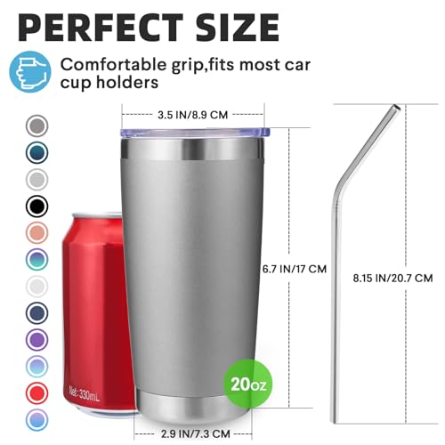 Volhoply 20oz Stainless Steel Tumbler with Lid and Straw,Double Wall Insulated Travel Iced Coffee Mug Fits Car Cup holder,Powder Coated Cups for Hot and Cold Drinks,Gifts for Women Men（Gray,1 Set） - Image 2