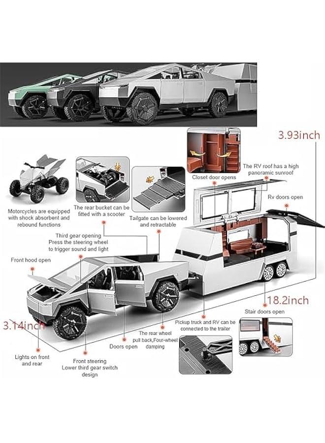 1/24 diecast Pickup Trailer Model Toy Truck, Off-Road Vehicle Alloy,Car Model Diecast Metal Toy,Truck Model Simulation Sound Light,Gifts for boy Girl. (1:24 with RV Green)