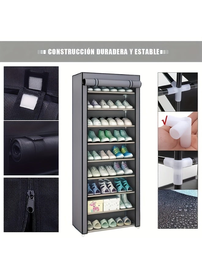 منظم رف أحذية 9 طبقات، رف أحذية محمول مع غطاء قماش غير منسوج، مناسب لخزانة ملابس ملابس الملابس والردهة وغرفة النوم ومدخل الممر - Image 3