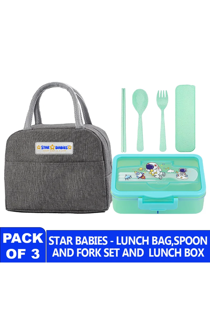 STAR BABiES Star babies pack of 3 combo - Insulated lunch bag and 4 compartment lunch box with organic cuttlery set.