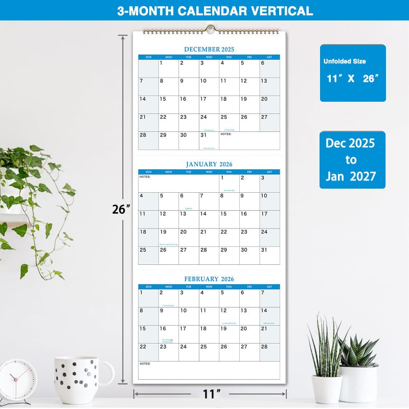 Dayvorax 2026 Wall Calendar - 3 Month Calendar 2026 Vertical, Dec 2025 - Jan 2027, 3 Month Wall Calendar, 11 x 26 In Open, 2026 Calendar with Large Print, Holidays, Thick Paper, large blocks & Notes - Image 3