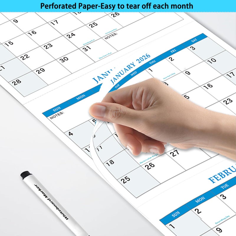 Dayvorax 2026 Wall Calendar - 3 Month Calendar 2026 Vertical, Dec 2025 - Jan 2027, 3 Month Wall Calendar, 11 x 26 In Open, 2026 Calendar with Large Print, Holidays, Thick Paper, large blocks & Notes - Image 5