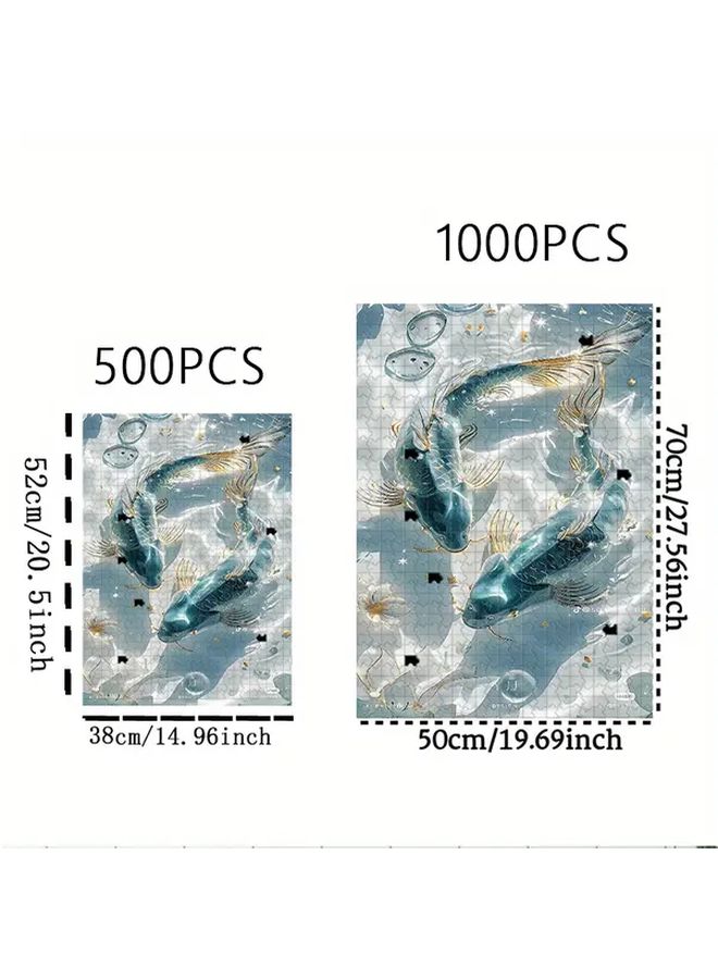 1000pcs Lucky Koi Fish Jigsaw Puzzle Blue Golden Aquatic Art Challenging Family Game Night Gift - Image 4