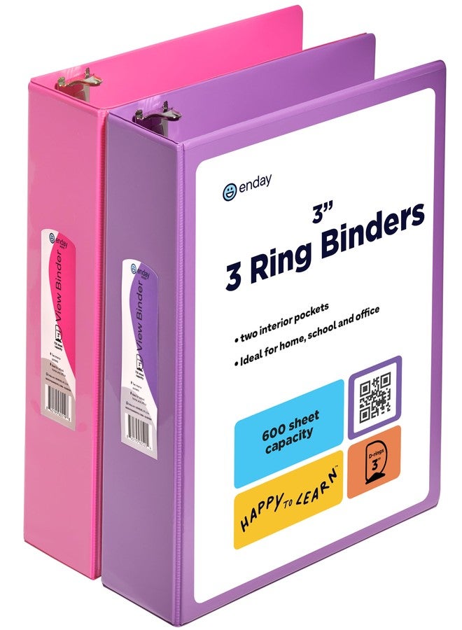 Enday 3 Inch Binder (2 Pack) Pink and Purple 3 Ring Binder 3 inch, Clear View Cover with 2 Inside Pockets, Three Ring Binders for Home, Office and School Supplies - Enday - Image 1