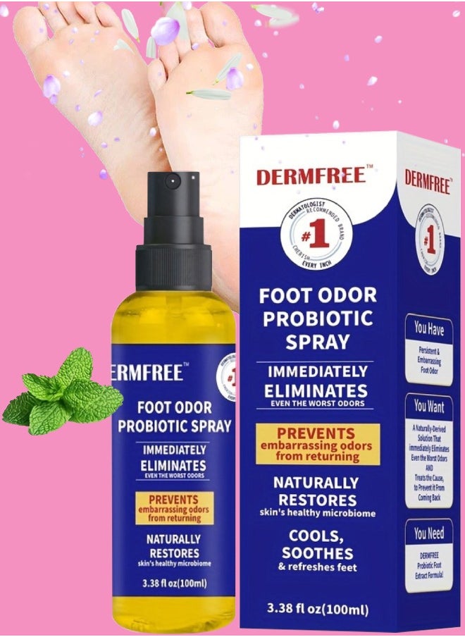 DERMFREE - 100ml Foot Odor Probiotic Spray Foot Odor Remover Spray Immediately Eliminates and Prevent Odor from Returning Cool Refresh Foot and Shoe Deodorant Spray with Castor Seed Oil and Mint Odor Eliminator - Image 1
