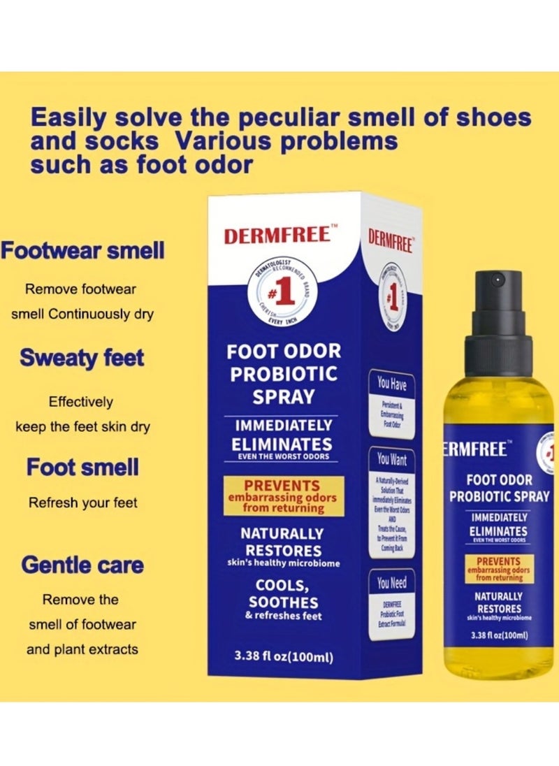 DERMFREE - 100ml Foot Odor Probiotic Spray Foot Odor Remover Spray Immediately Eliminates and Prevent Odor from Returning Cool Refresh Foot and Shoe Deodorant Spray with Castor Seed Oil and Mint Odor Eliminator - Image 1