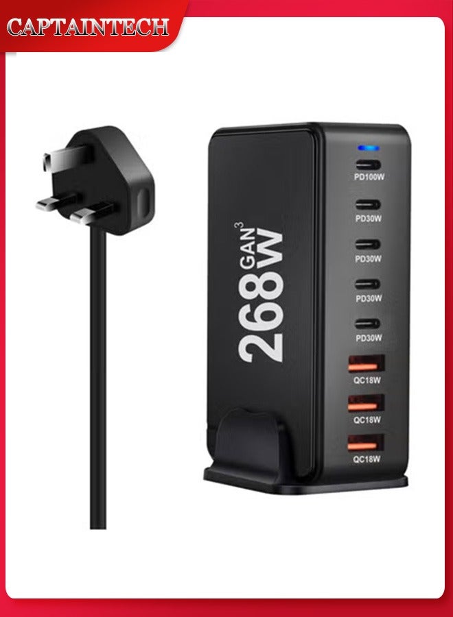 Captaintech 268W USB C Charger, GaN III 8 Port Fast Charging Station Type C Hub, PD 100W Laptop Charger Adapter for MacBook Air, Sumsung S24 S23 S22 Ultra, iPhone 15 14 13, and iPad Pro - Image 1