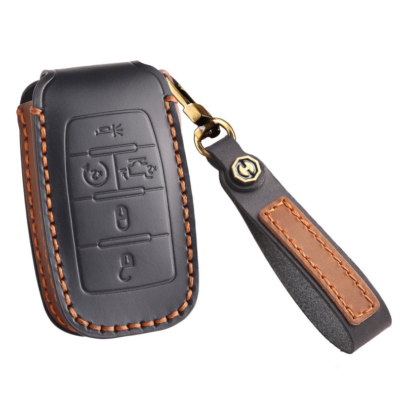 KUNIO Leather Key Case Fits Dodge RAM 1500/2500/TRX 2021/2020 Jeep Grand Cherokee Chrysler Couve Dodge 5 Button Black - Image 1