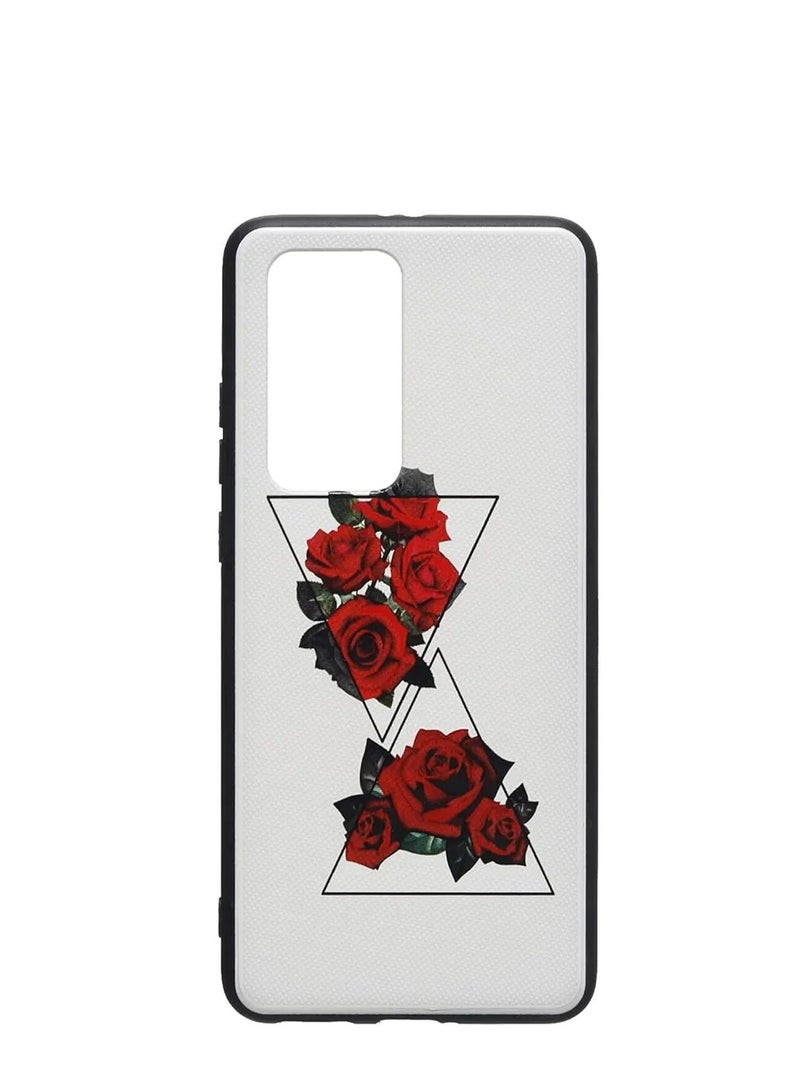 Printed Phone Case Cover with Red Roses & Geometric Design – White