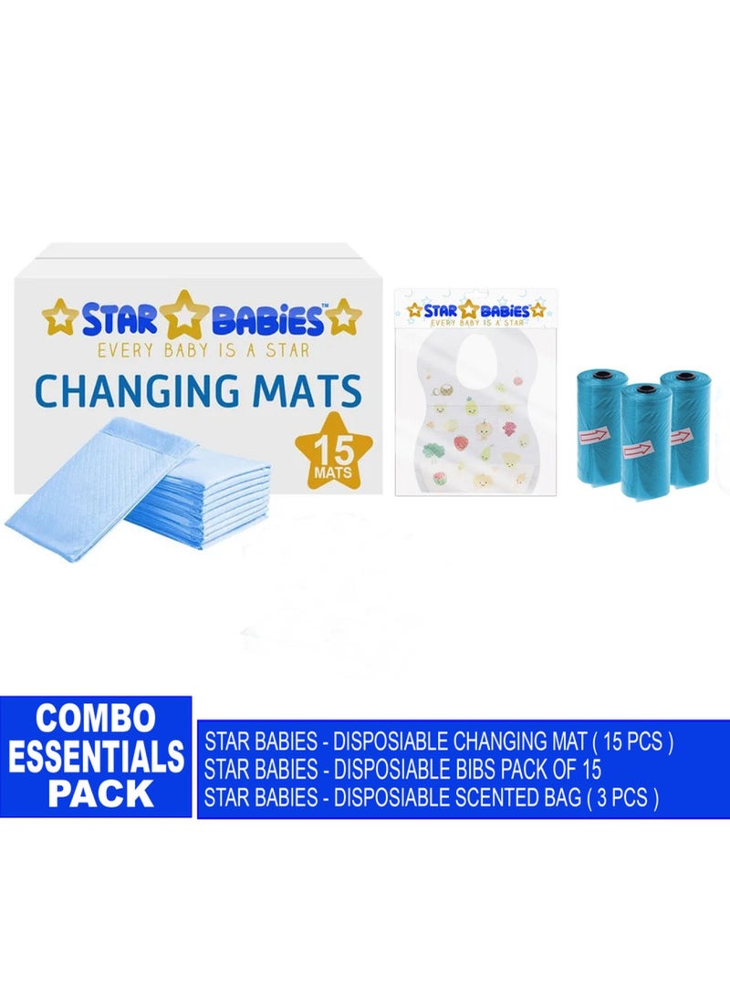 STAR BABiES Baby Essentials Pack Pack Of 3 Changing Mat 15Pcs Scented Bag 3Pcs Bibs 15Pcs Blue  - Image 1