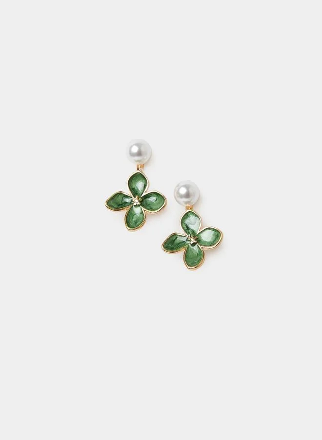 Styli Green Enamel Clover Pearl Embellished Drop Earrings