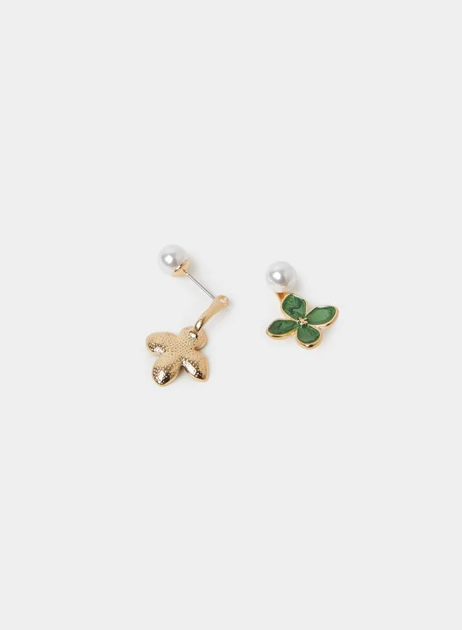 Styli Green Enamel Clover Pearl Embellished Drop Earrings